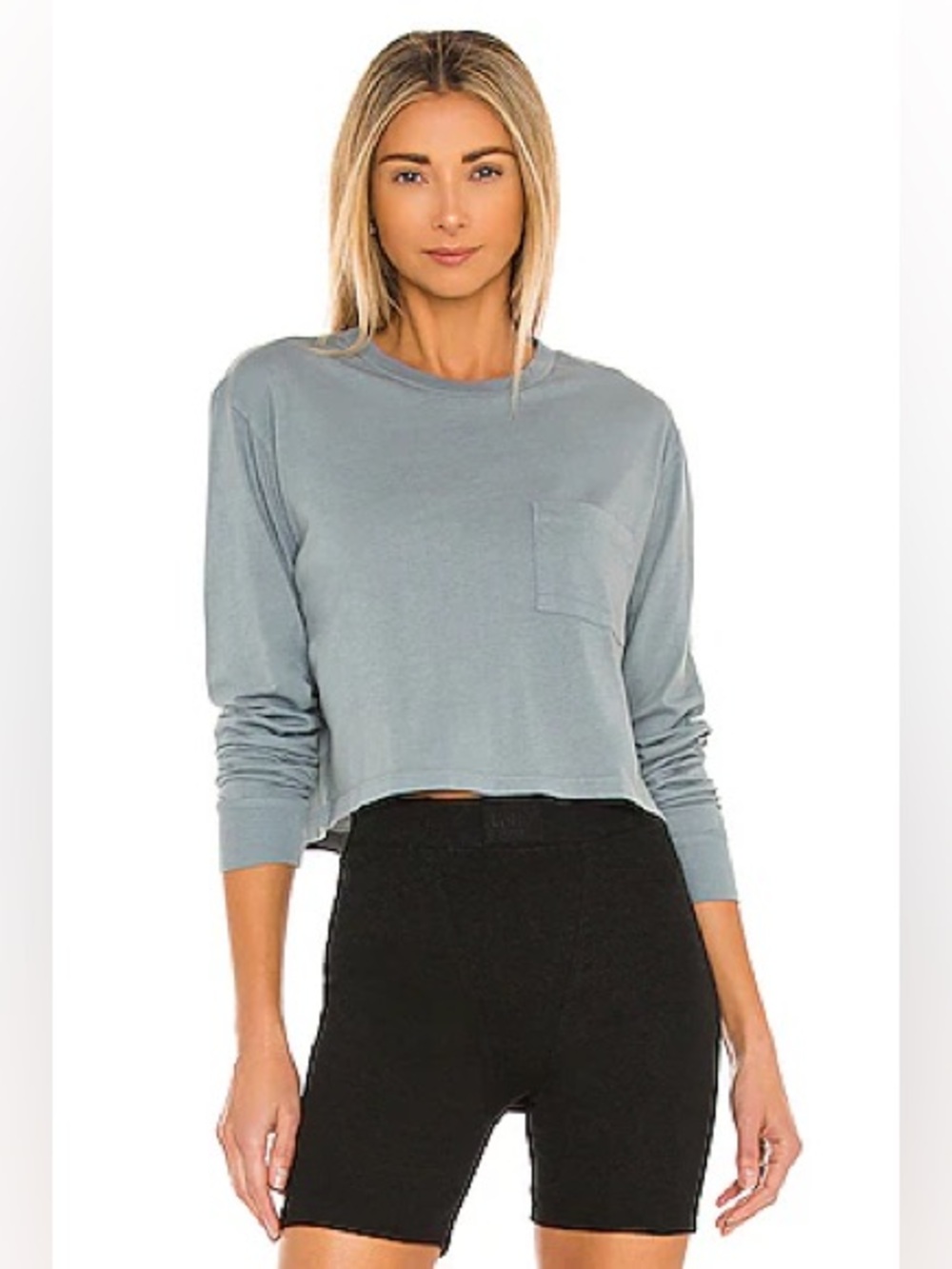 MONROW Cropped Long Sleeve Ex-Boyfriend Pocket Tee Sage Medium